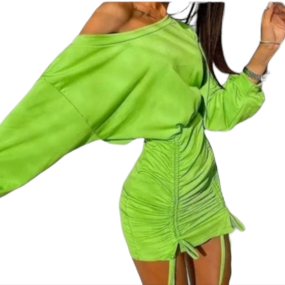 OPEN SHOULDER RUNCHED Y2K LIME GREEN CLUB MINI DRESS - Picture 2 of 4